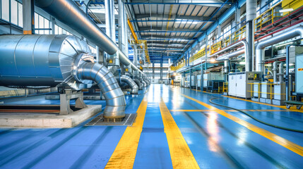 Fototapeta premium Bright industrial environment features large machinery and steel pipes, highlighting advanced air conditioning systems in a dynamic workspace