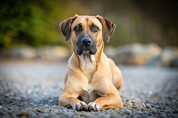 Obraz premium Black Mouth Cur dog laying on gravel in a symmetrical position