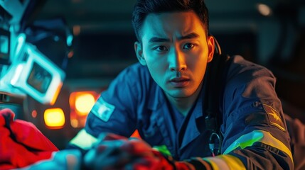 Obraz premium Emergency Responder in Action: Focused Paramedic Providing Critical Care in Ambulance with Dramatic Lighting