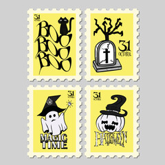 Halloween post stamps  character design illustration. Set of cuet Halloween elements. On  Background