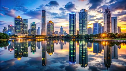 Dynamic cityscape at dusk featuring sleek skyscrapers with neon lights reflected in a serene lake, emphasizing urban sophistication and grandeur.