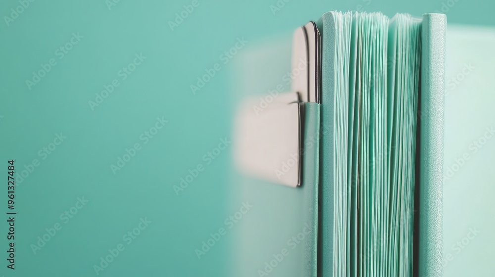 Poster a close-up of a teal folder with neatly organized documents.