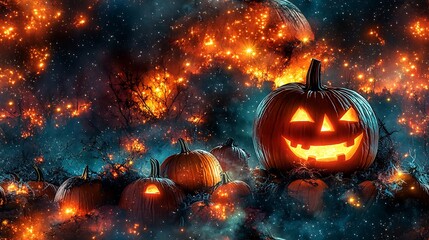 Fototapeta premium A large jack-o'-lantern with a cheeky winking face, sitting on a pile of glowing pumpkins, with magical sparkles and twinkling stars filling the night sky, lighthearted and fun, hd quality,