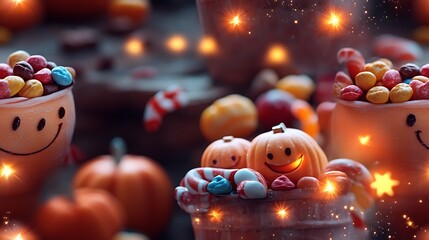 Fototapeta premium A magical candy bucket filled with smiling sweets, surrounded by glowing candy and twinkling stars, with colorful pumpkins and happy chocolates scattered around, whimsical and playful, hd quality,