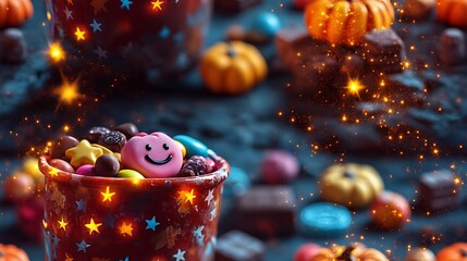 A magical candy bucket filled with smiling sweets, surrounded by glowing candy and twinkling stars, with colorful pumpkins and happy chocolates scattered around, whimsical and playful, hd quality,