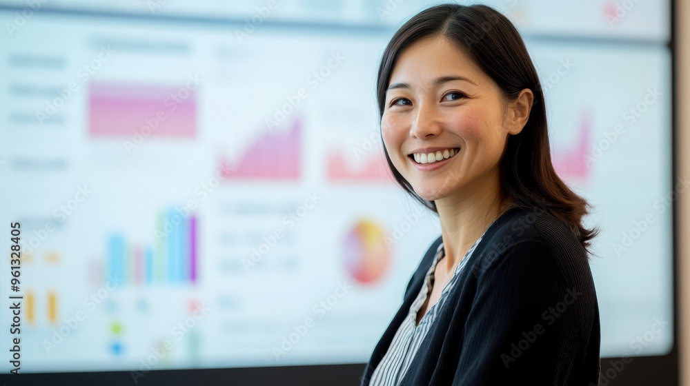 Aufkleber confident businesswoman smiling in front of data analytics dashboard in modern office setting