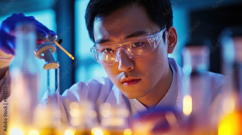 Poster scientist conducting experiment in laboratory with focused expression and protective gear