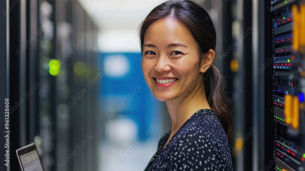 Aufkleber smiling female it professional working in a modern data center with server racks