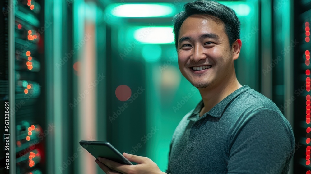 Poster smiling it professional holding tablet in modern data center with server racks and green lighting