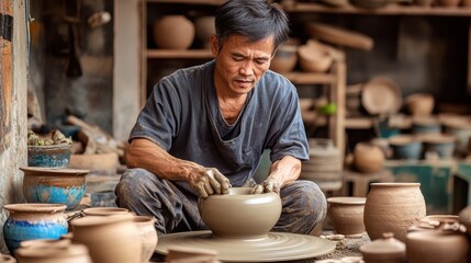 Skilled Artisan Crafting Pottery in Traditional Workshop Surrounded by Handmade Clay Pots and Tools