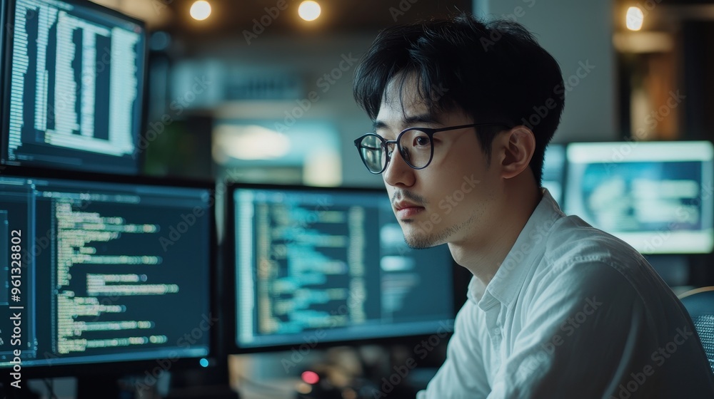 Poster focused software developer working late night in modern office with multiple computer screens