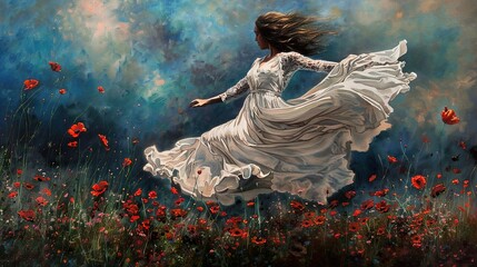 A woman in a white dress dances in a field of red poppies, with her hair blowing in the wind.