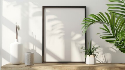Poster in square frame with plant on wooden shelf.