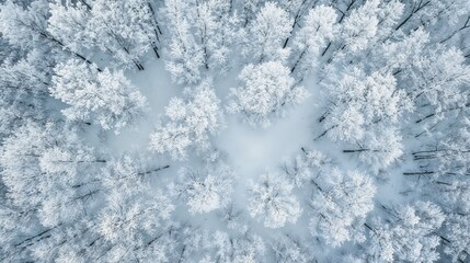 Fototapeta premium Aerial view of a beautiful snowy forest with trees covered in snow