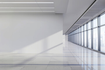 Fototapeta premium Empty white office wall Mockup. Blank modern bright interior softly lighted by a large window. Generative ai