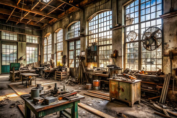 Sunlit Echoes: A forgotten workshop, bathed in warm light streaming through arched windows, whispers tales of bygone industry and craftsmanship. 