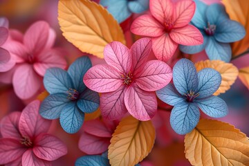Obraz premium Vibrant Pink and Blue Floral Arrangement with Orange Leaves - Perfect for Spring and Summer Designs