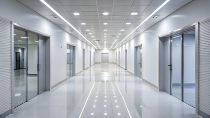 Fototapeta premium Modern Minimalist Office Corridor: A sterile, sleek, and contemporary office corridor with bright, white walls, a shiny tiled floor, and recessed lighting. The perspective creates a sense of depth and