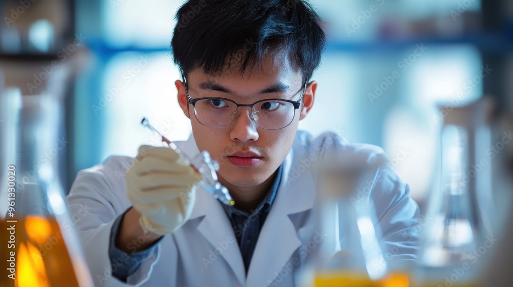 Poster young scientist conducting experiment in modern laboratory with focused expression