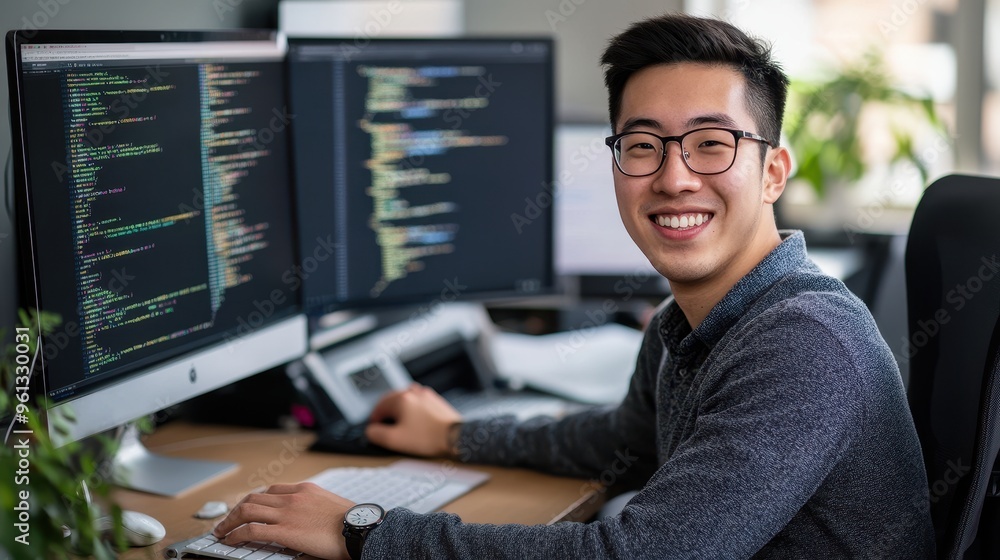 Aufkleber young professional software developer working on code at modern office desk with dual monitors