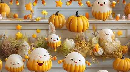 Fototapeta premium A seamless pattern featuring happy candy corn characters with arms and legs, jumping and dancing among pumpkins, stars, and candy, bright and playful design, hd quality, natural look.