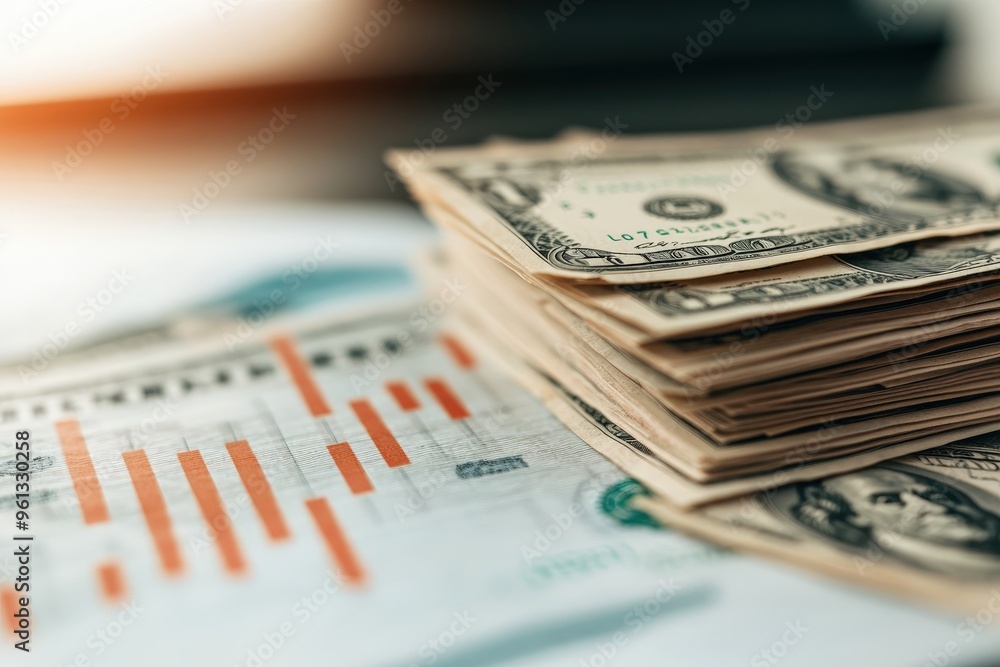 Poster understanding economic trends: a stack of dollar bills against a declining interest rate graph