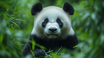 Obraz premium A charming panda amidst lush green bamboo foliage, showcasing its playful and curious nature. Perfect for wildlife enthusiasts.