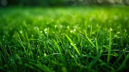 Fototapeta premium Close-up of dew drops on green grass blades in the morning sunlight.