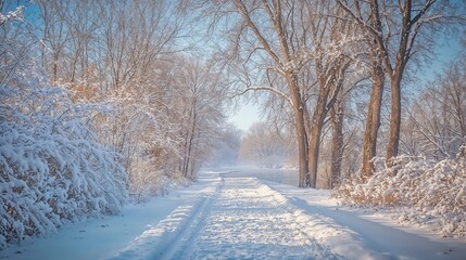 Obraz premium A snowy road through a forest of snowcovered trees