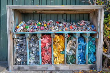 Fototapeta premium Wooden recycling container overflowing with plastic waste on america recycles day