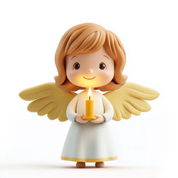 3d image of a little cute angel child, girl, standing smiling and holding a lit candle, on a white background, isolated, in cartoon style 