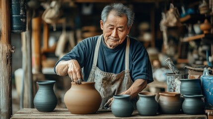 Elderly Artisan Crafting Pottery in Traditional Workshop Surrounded by Handmade Clay Vases and Tools