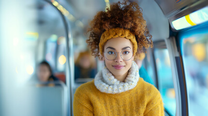 A young woman with curly hair sits on a city bus, wearing a warm yellow sweater and glasses. She looks content while enjoying her day of exploring the bustling urban environment