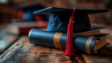 Obraz premium A close-up of a graduation cap and diploma on a wooden table, symbolizing academic achievement and success in education.