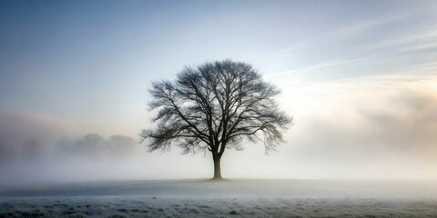 Solitary Tree in Misty Field: A lone tree stands tall and resolute against a backdrop of ethereal mist, bathed in the soft glow of sunrise. Its branches reach towards the heavens, a symbol of resilien