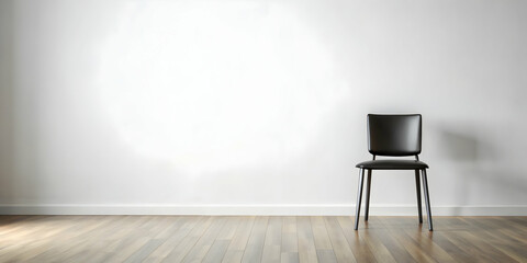 Empty Chair, Minimalist Interior Design: A solitary black leather chair stands against a pristine white wall, inviting contemplation and introspection. The minimalist aesthetic and soft lighting creat