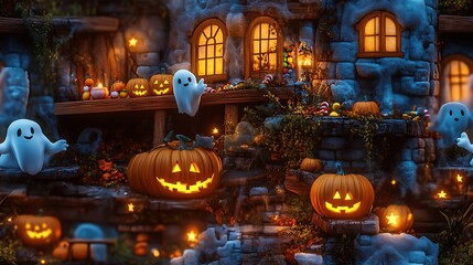Fototapeta premium A whimsical haunted house with bright smiling windows, glowing lanterns on the porch, and friendly ghosts waving from the windows, surrounded by candy, pumpkins, and glowing stars,