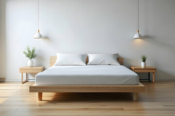 Minimalist Bedroom Sanctuary: A serene and inviting bedroom with a light wood bed frame, crisp white linens, and a modern pendant lamp, creating a sense of tranquility and stylish simplicity. The mini