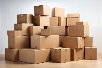 Fototapeta premium Stacked cardboard boxes in storage room with wooden floor and white walls