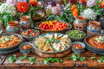 Fototapeta premium Mexican tacos and colorful dishes sitting on wooden table decorated with flowers