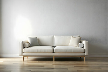 Serene Minimalism: A white sofa basks in soft sunlight against a pristine wall, epitomizing modern home decor and tranquil living. 