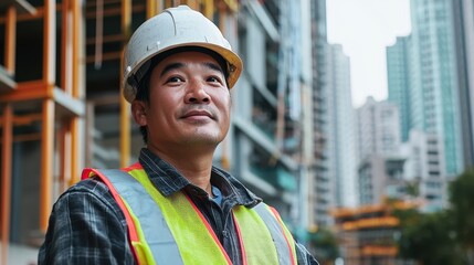 Fototapeta premium Confident Construction Worker in Safety Gear at Urban Building Site with Skyscrapers in Background