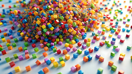 A Kaleidoscope of Building Blocks: A vibrant explosion of colorful cubes scatters across a light blue backdrop, sparking creativity and endless possibilities. 