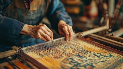 Obraz premium Close-Up of Artisan Hands Weaving Traditional Fabric on a Loom in a Workshop