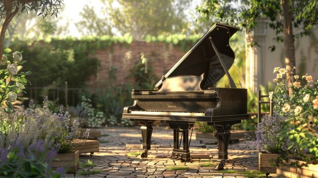 Decorative white Grand piano in the design of a wedding or a decor for a romantic dinner in the spring in a blooming tree garden