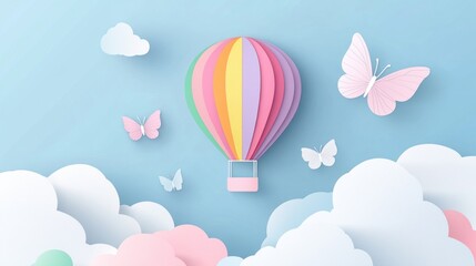Colorful paper cut sky with hot air balloon,clouds and rainbow landscape background. AI generated