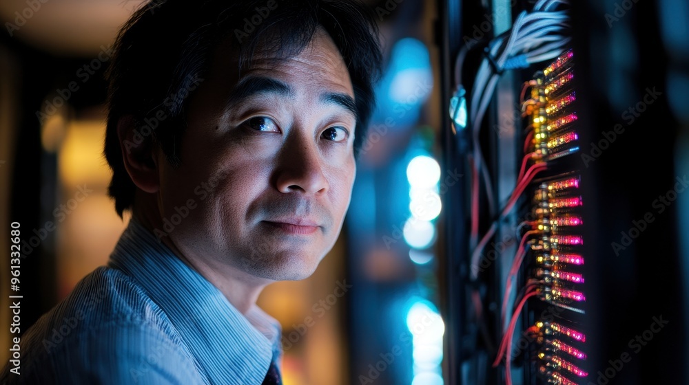 Poster it professional working in data center with server racks and colorful led lights