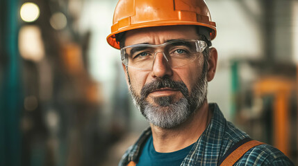 Portrait of a mature factory worker with a beard wearing safety glasses and a hard hat in a blurred factory setting