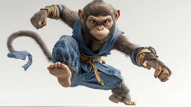 A dynamic monkey character in a martial arts pose, showcasing agility and strength in a vibrant setting.