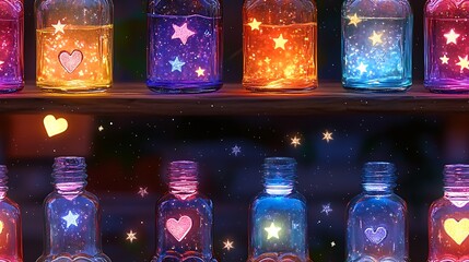 Adorable potion bottles with heart and star designs, glowing softly with pastel liquids, surrounded by magical sparkles and floating stars, playful and enchanting, hd quality, natural look.